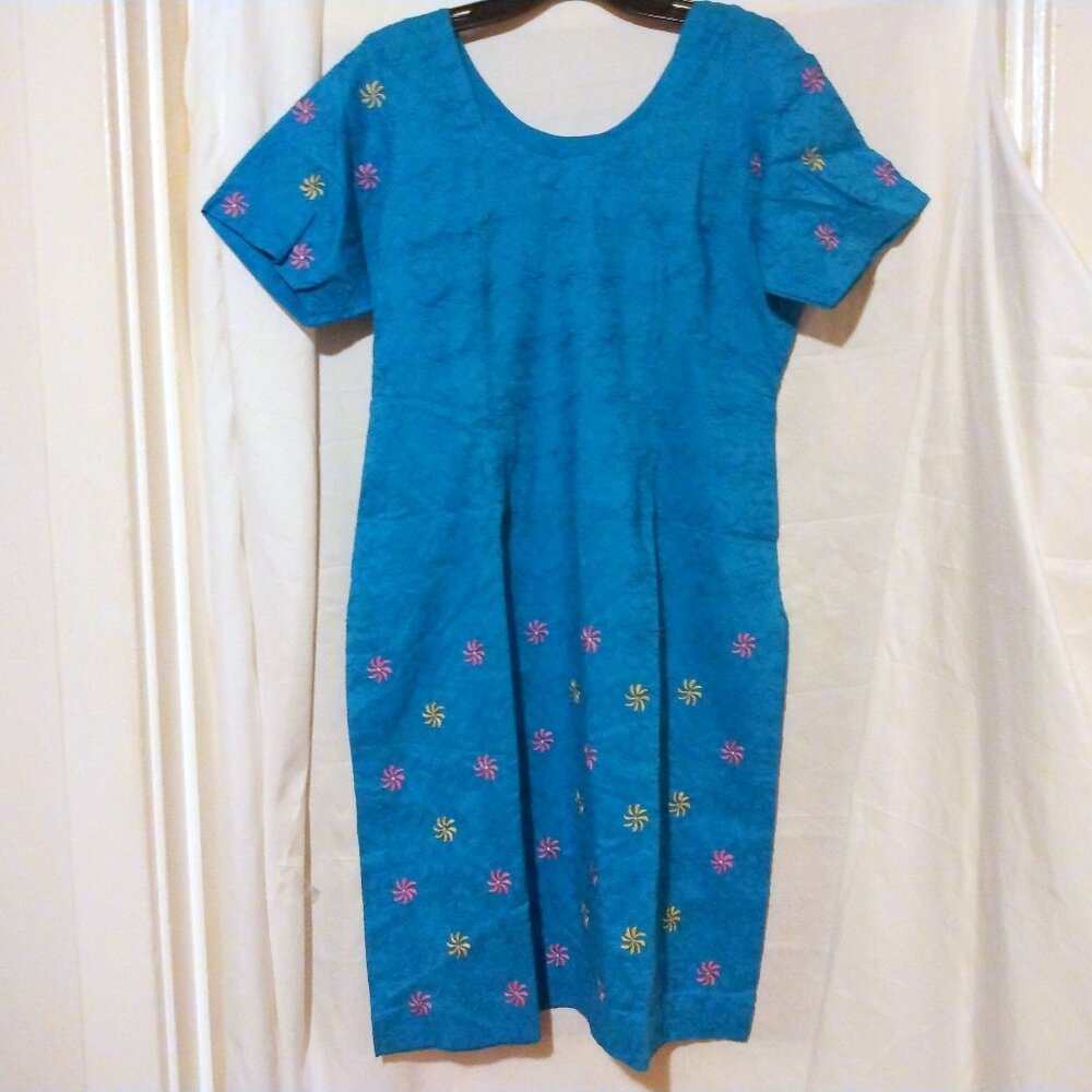 Artisan Embroidered Teal Blue Dress Spiral Detail M/L Boho Festival Jewel Tones - Picture 2 of 9